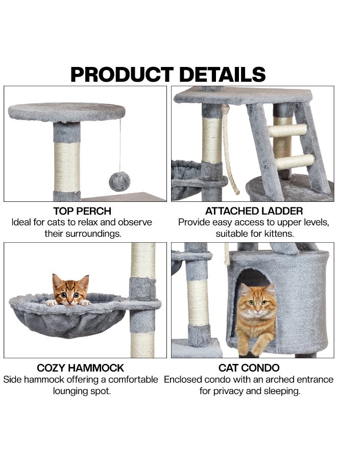 NNC PETS Cat tree tower for Indoor cats & Kittens, Multi-level cat tree activity center with Enclosed cat condo, Plush perch, Cozy Hammock, Sisal scratching post, and Ladder, Easy assembly, 118 cm (Grey) - Image 3